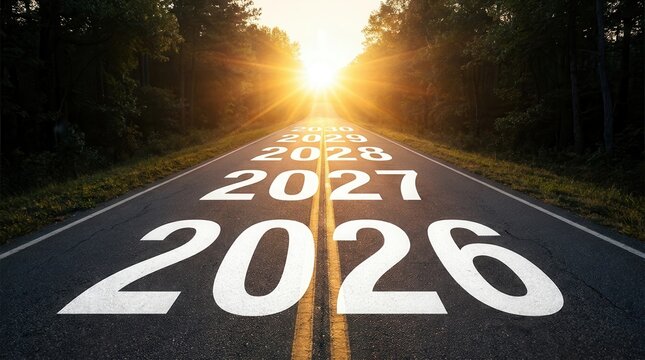 Business planning concept with years 2025 to 2030 written on a road towards a sunrise.