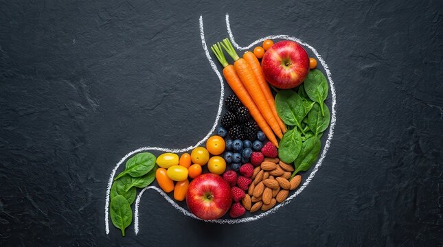 Fresh produce and nuts arranged in the shape of a human stomach outline.