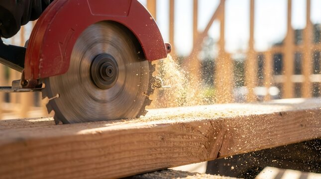 A circular saw cuts a wood plank on a construction site with dust flying.