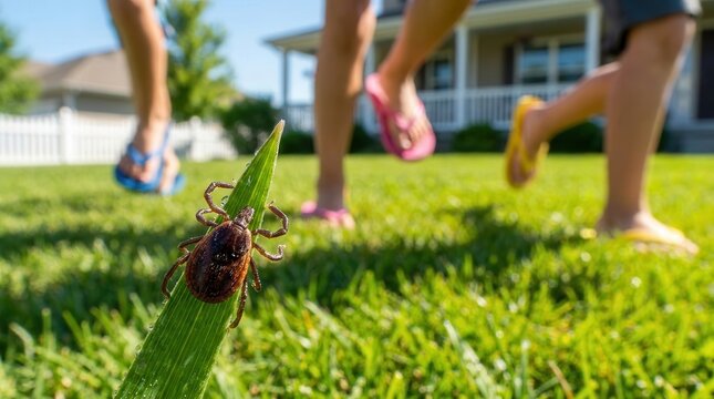 Macro close-up of a tick on green grass in a backyard with children running toward a house.