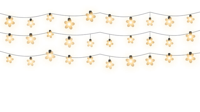 Flower shaped string lights glowing warm yellow on transparent background