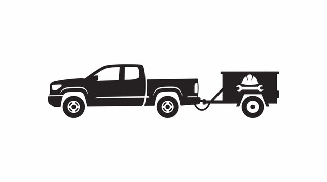 Black silhouette of a pickup truck towing a utility trailer with a construction tools icon on its side, against a white background.