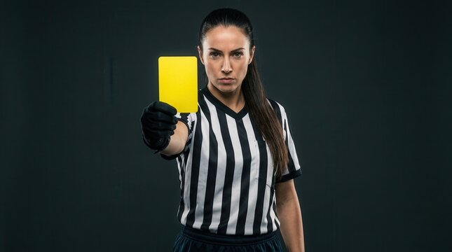 Serious young woman soccer referee in striped uniform showing a yellow card.