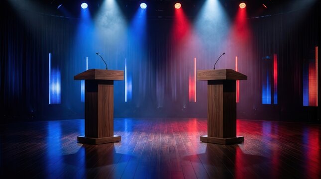 Two empty podiums on a wooden stage with red and blue spotlights for a political debate.