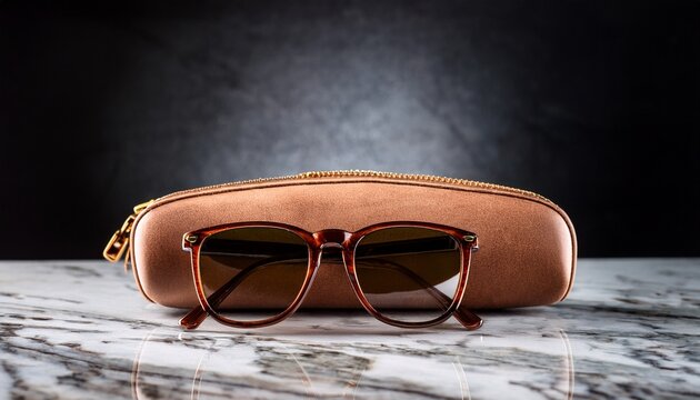 brown leather sunglasses and case on marble table with dark background