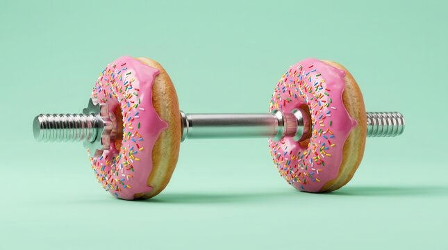 Surreal fitness concept featuring a metal dumbbell with pink frosted donuts as weights.