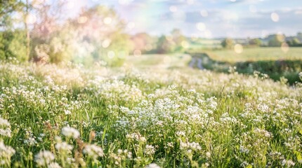 Obraz premium Vibrant Spring Meadow Filled with Colorful Wildflowers, Daisies, Pink and Yellow Blossoms, Fresh Green Grass and Bright Blue Sky in a Beautiful Natural Landscape