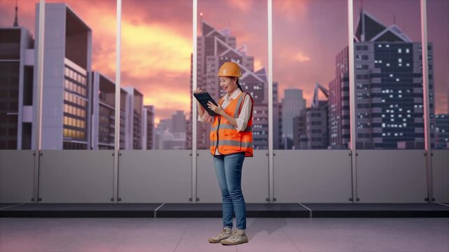 Full Body Side View Of Asian Female Engineer With Safety Helmet Taking Note On The Tablet And Looking Around While Standing at Office with Panoramic City Skyline at Sunset