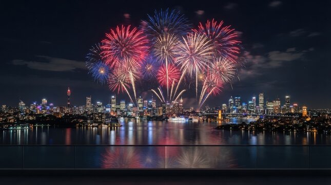 Bright colorful fireworks exploding over a dark city skyline at night with beautiful reflections on the water surface