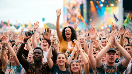 Fototapeta premium Audience cheering at concert with young diverse people enjoying live music 