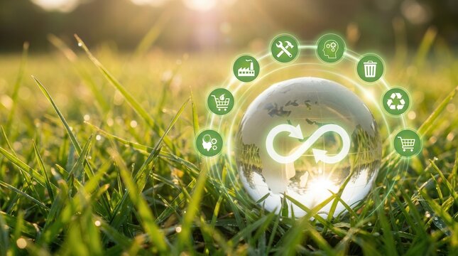 Circular economy concept with an infinity symbol on a glass globe in green grass.
