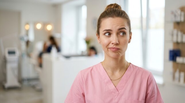Young female cosmetologist with a funny awkward expression in a medical clinic.