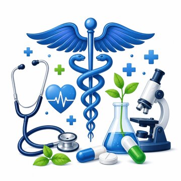 Blue medical caduceus symbol with health equipment and science tools