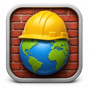 World globe icon wearing a yellow construction hard hat on brick wall