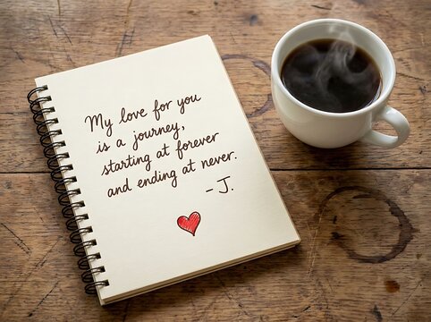 A lovingly handwritten note expressing deep love and warm affection is gently placed near a comforting cup of coffee on aged wooden planks