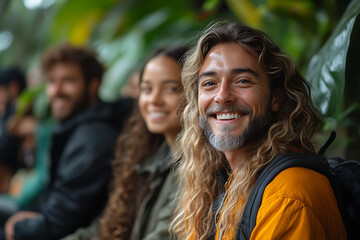 Fototapeta premium Smiling Man with Long Wavy Hair and Backpack Outdoors with Friends in Tropical Forest Background
