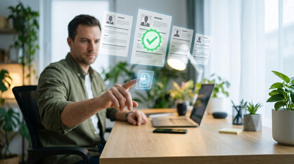 Fototapeta premium Man interacting with a holographic interface displaying verified documents and digital data, representing business analytics and information management