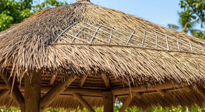 A close-up view of a natural dried palm leaf thatch roof on a wooden garden gazebo structure, creating a tropical island resort atmosphere, backyard, shade, texture