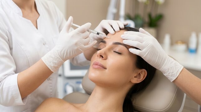 Cosmetologist performing a cosmetic filler or botox injection on a patient's forehead for anti-wrinkle treatment.