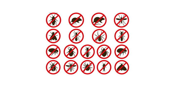 Various pest control icons with red no-entry signs, depicting common household and garden insects and rodents forbidden.