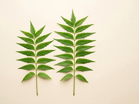 Fresh Neem Leaves Viewed From Above on Cream Background
