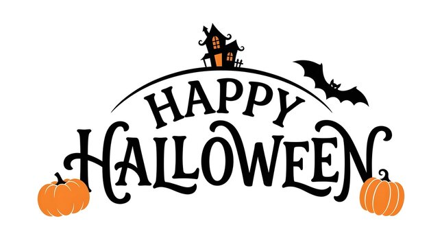 Festive happy halloween lettering with pumpkins bats and a witch on a white background
