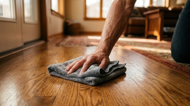 Man using a microfiber cloth to wipe a polished hardwood floor.