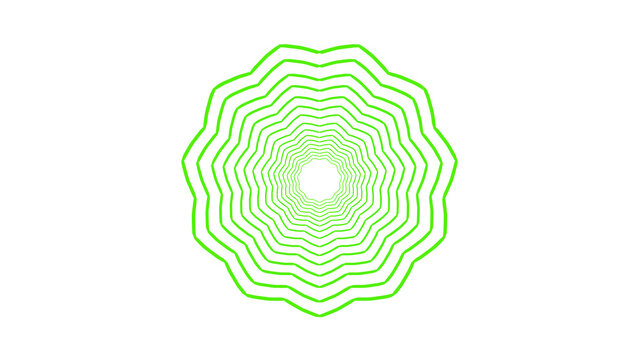 Green spiral mandala pattern with wavy zigzag lines on a white background