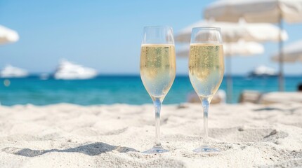 Fototapeta premium Two glasses of cold cremant champagne on the white sands of Pampelonne beach during a Provence summer day.