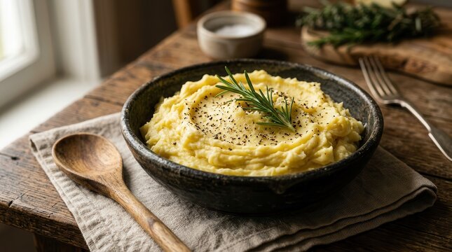 Homemade mashed potatoes in a dark bowl on a wooden table with a spoon and napkin.