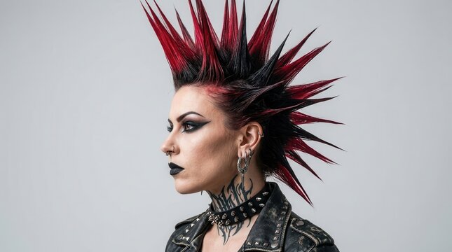 Side profile of a punk rocker woman with a tall red and black spiky mohawk haircut.