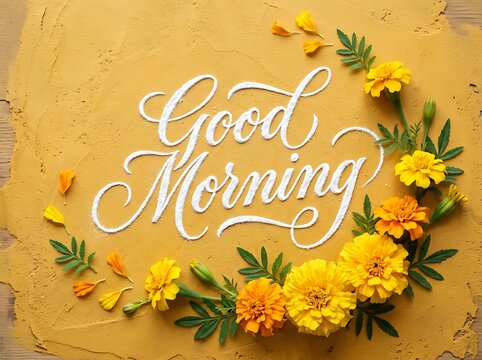 Beautiful artistic good morning greeting card featuring elegant white cursive calligraphy text surrounded by a vibrant semi circle of fresh yellow marigold flowers