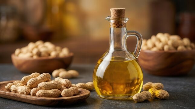 Golden peanut oil in a glass decanter with whole peanuts in shells.