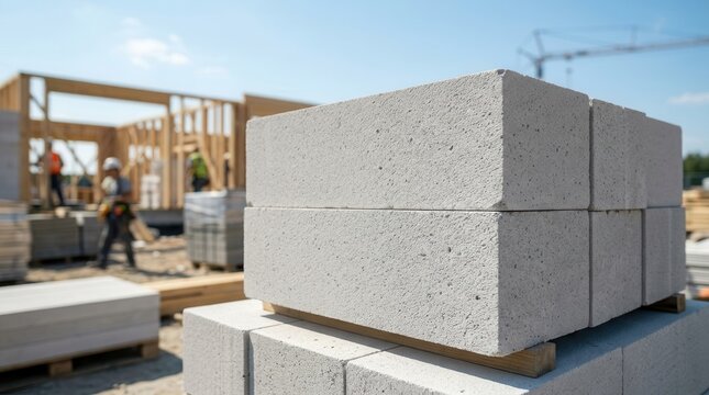 Aerated concrete blocks stacked at a construction site with a building structure under development.