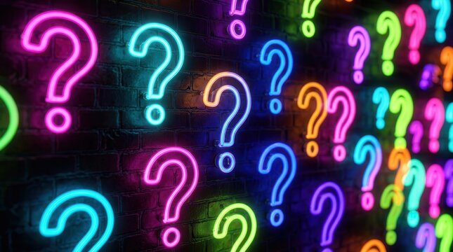 Vivid neon sign question mark pattern on a dark brick wall for trivia night.