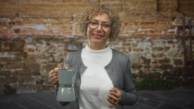 Woman holds stovetop coffee maker with right hand and smiles, fingers visible, in front of brick wall on street; contentment morning ritual.