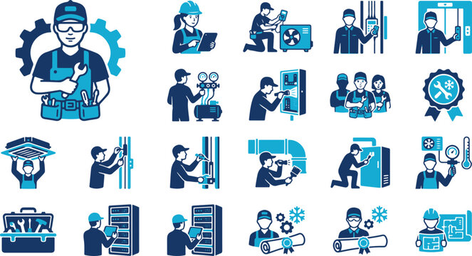 Mechanics and technicians vector icon set illustrating various maintenance tasks and equipment repair.