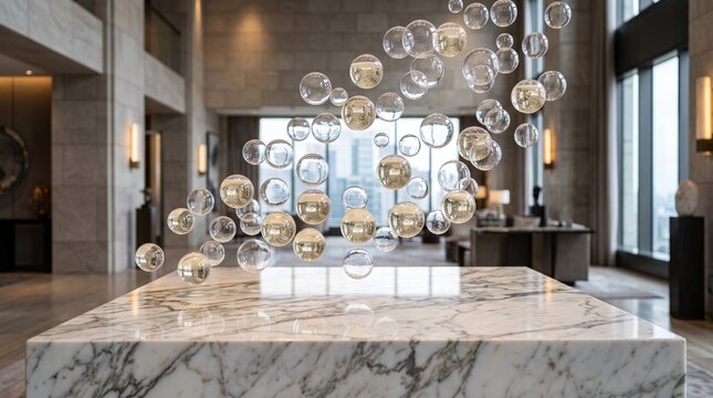 Modern glass sphere art installation in luxury hotel lobby, contemporary marble interior design, elegant corporate reception area