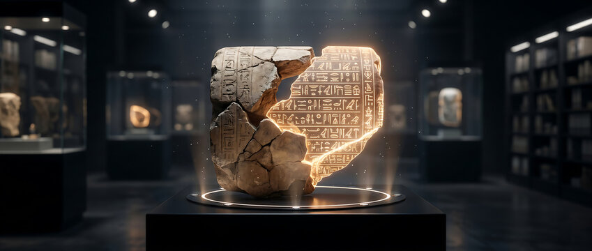 Ancient stone tablet with glowing cuneiform inscriptions on display in a dark museum gallery.