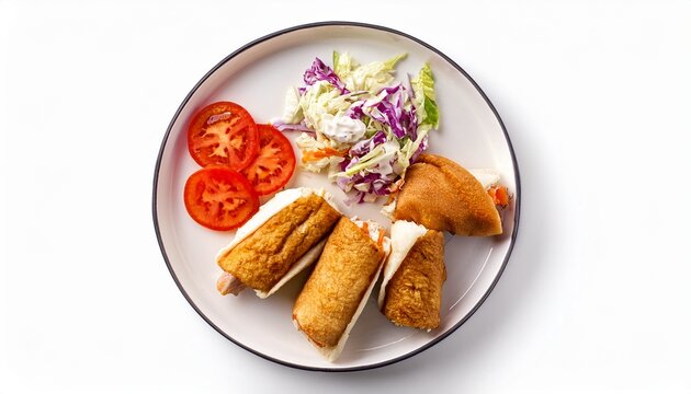chicken tender wraps coleslaw tomato slices mayonnaise on white plate isolated on white topview overhead view