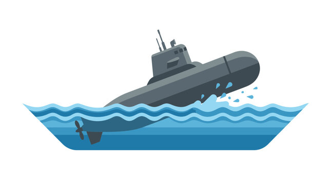 Flat vector submarine surfacing from blue ocean waves