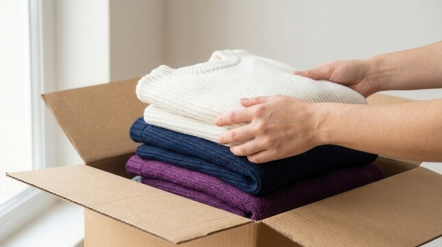Hands stacking folded sweaters into a cardboard box for donation or storage.