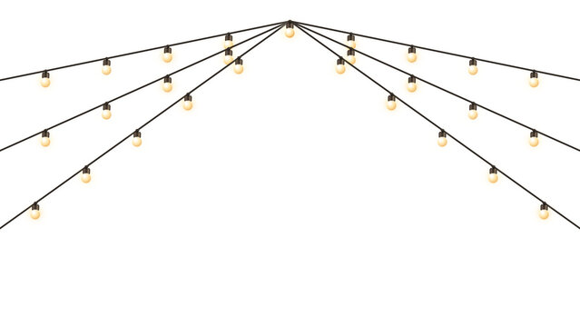 Three hanging strings of glowing party lights arranged in a symmetrical arch design for outdoor celebration and festive decoration isolated on transparent background