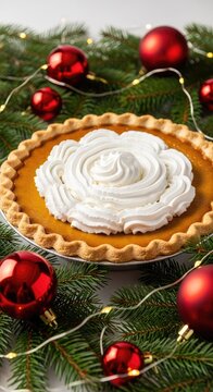 A golden baked pumpkin pie topped with whipped cream sits amidst festive evergreen branches, red ornaments, and warm glowing holiday lights, rustic, crust, christmas