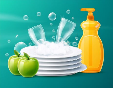 stack of clean plates two glasses in soap foam and bubblies and cleanser dispenser with a green apple aroma realistic dishware for dishwashing detergent advertising design vector