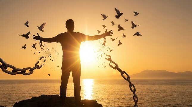 A man who broke the chains and set the birds free enjoys nature at sunrise as a concept of freedom.