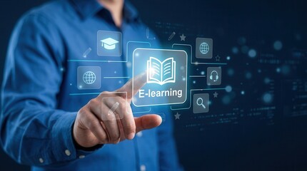 Obraz premium Online webinar and e-learning concept featuring digital education icons.
