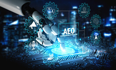 Obraz premium Robotic Hand Interacting with Digital Interface Showing AEO Technology and Visualizing Artificial Intelligence Elements in Modern Urban Setting. Glyphic.