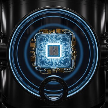 A luminous quantum processor unit suspended in a vacuum chamber, showcasing glowing blue circuits and intricate golden hardware components, chip, cooling, breakthrough