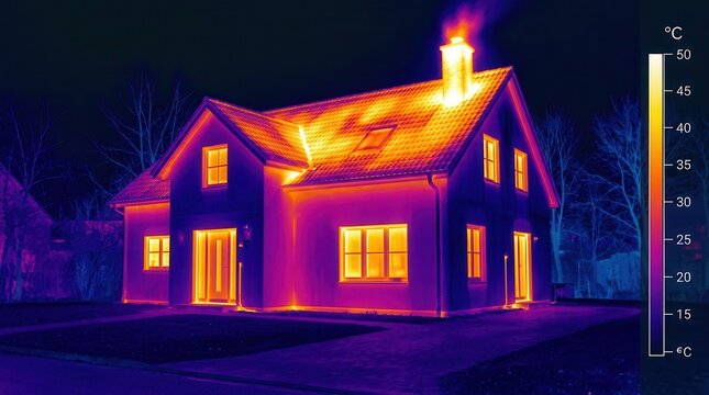 Infrared thermal image of a house showing heat loss for building inspection and energy audit.